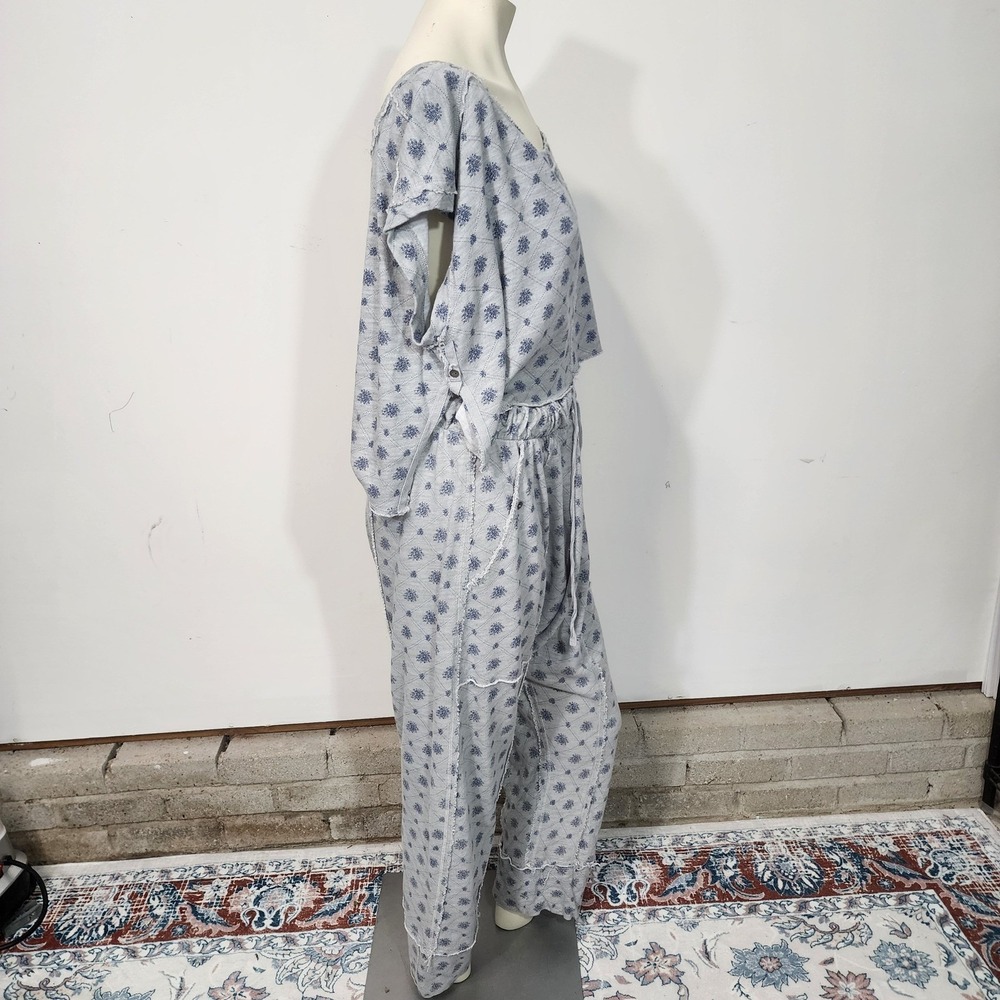 Free People Organic Cotton Lounge Set Blue Floral Large Boho stretch waist comfy - Picture 5 of 14